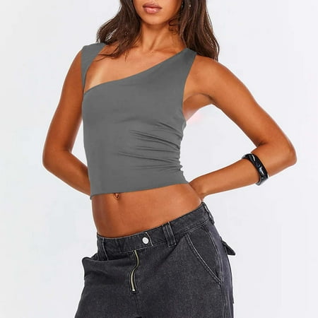 SNKSDGM Female Womens Tank Tops Loose fit with Built in Bra Womens Tank Tops Plus Size Loose fit Women s Solid Color Asymmetric Neckline Sexy Backless Crop Top Slim fit Vest for Outerwear S