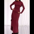 thumbnail image 4 of Vestido Midi Asimétrico con Abertura Irregular, Cuello Redondo, Larga y Cintura Fruncida para Mujer, Color Liso Vino Tinto S, 4 of 6