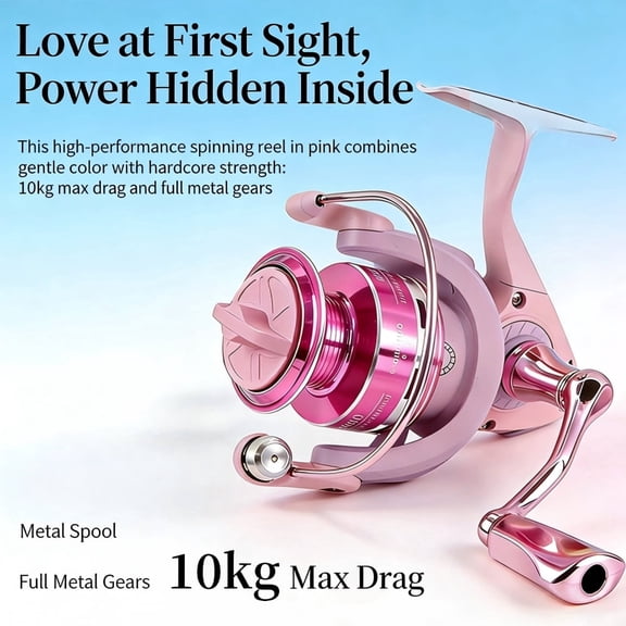 Fishing Reel, All-Metal Spinning Reel for Float Fishing, Long-Range Casting Reel, Spinning Reel, Pink ,Perfect Gift for Women Girl