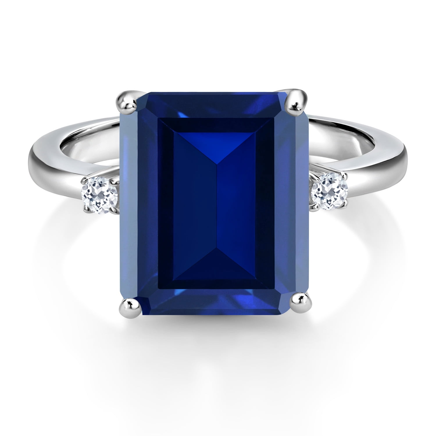 Gem Stone King 925 Sterling Silver 12X10MM Blue Simulated Sapphire and 2MM White Topaz 3 Stone Engagement Ring for Women | 6.78 Cttw | Gemstone September Birthstone | Size 7