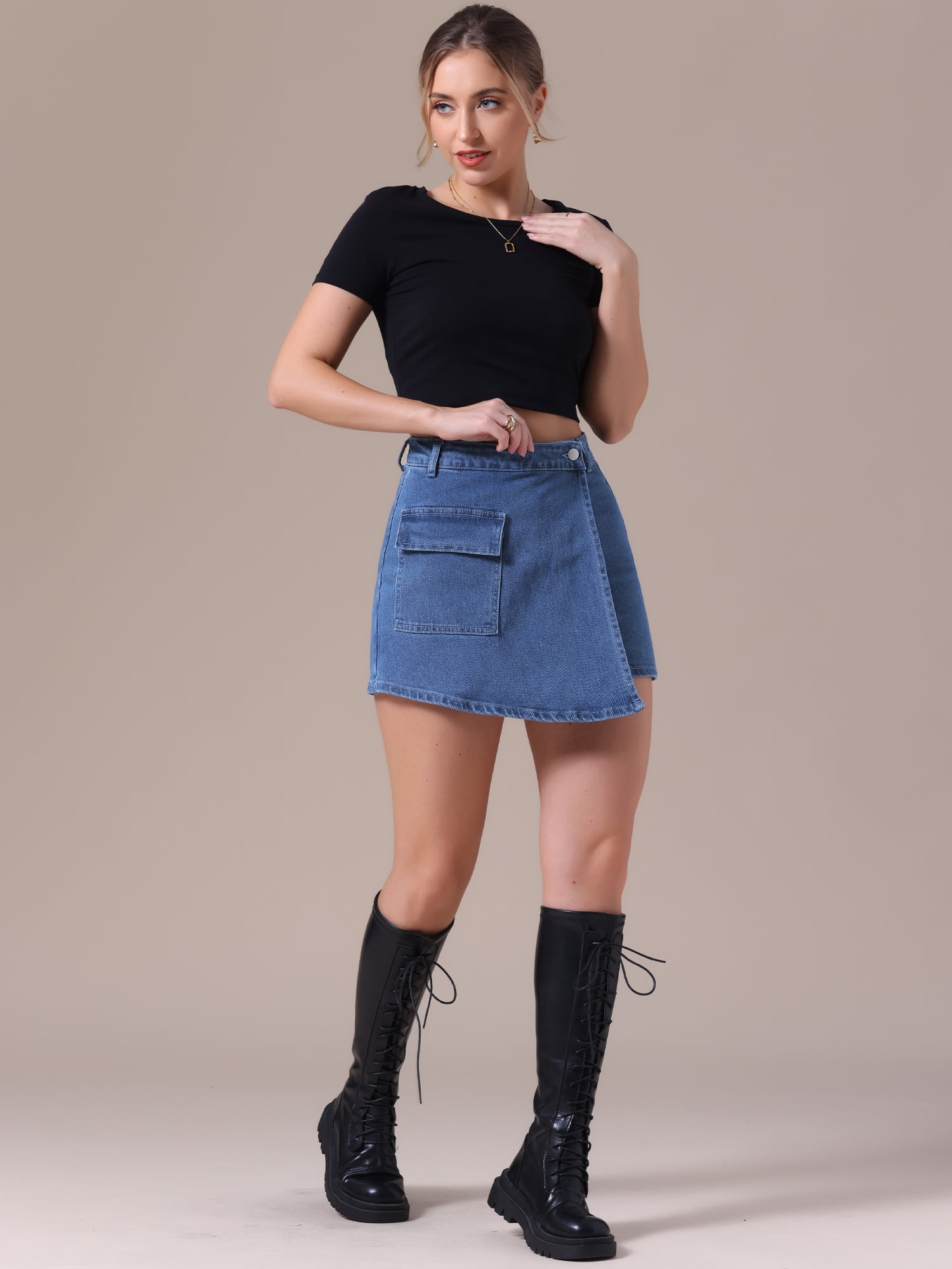 DARING DIVA Women's High Waist Western Asymmetrical Denim Cargo Skirt S Dark Blue