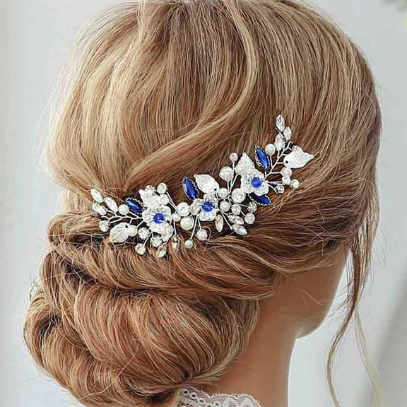 Flower Bride Wedding Headband Silver Crystal Bridal Headpiece Blue Rhinestone Pearl Hair Accessories for Women and Girls