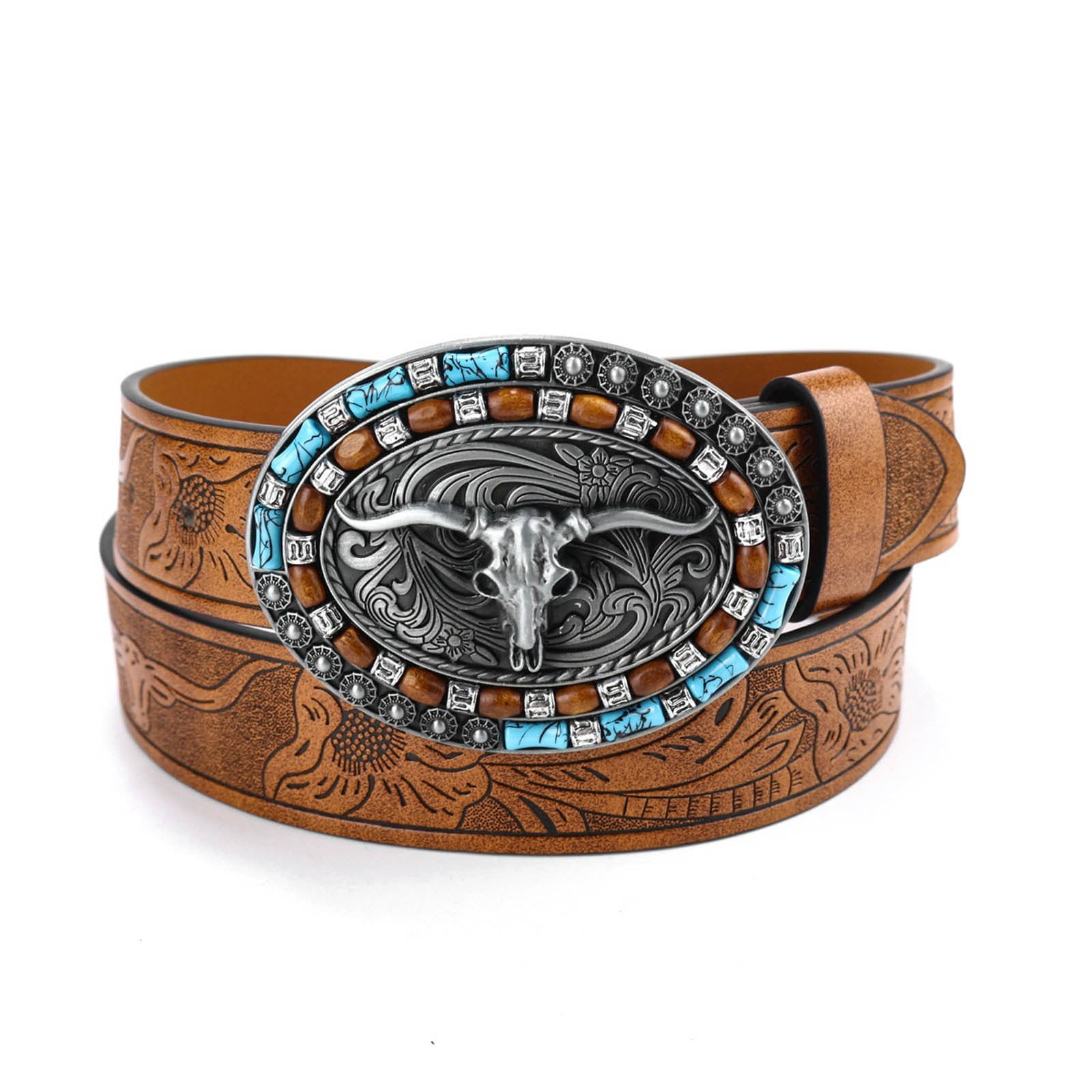 Ceinture Homme Cuir Marron Boucle Western Tête De Cheval - Taille 34 Pouces, Fabriquée Au Mexique