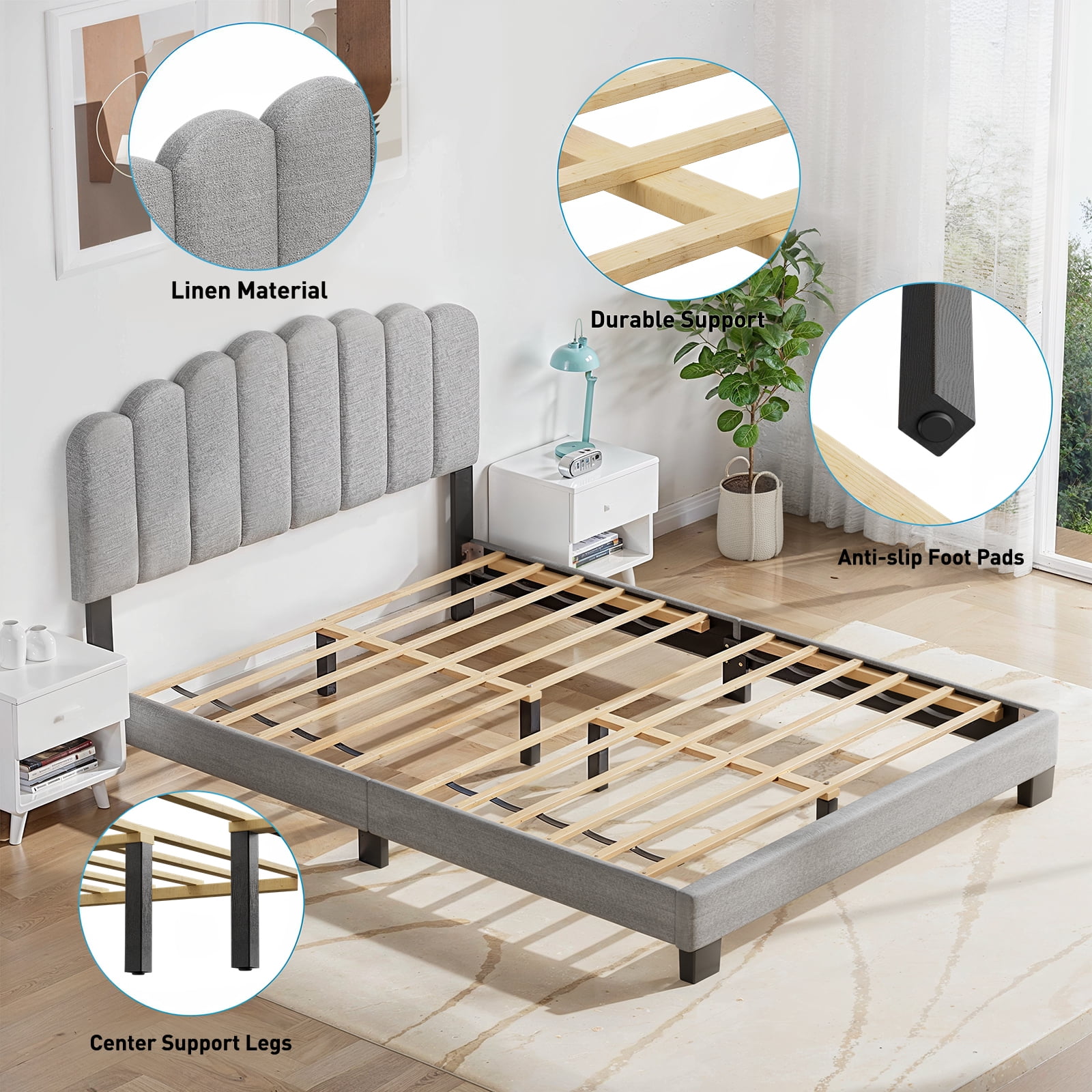 CHITOOMA Queen Size Platform Bed Frame with Velvet Upholstered Headboard and 12 Wooden Slats Support, No Box Spring Needed, Easy Assembly, Up to 1320 lbs, Grey