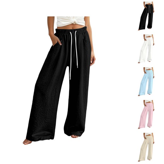 Palazzo Pants for Women Spring Summer Elastic High Waist Wide Leg Loose Fit Lightweight Flowy Beach Pants with Pockets