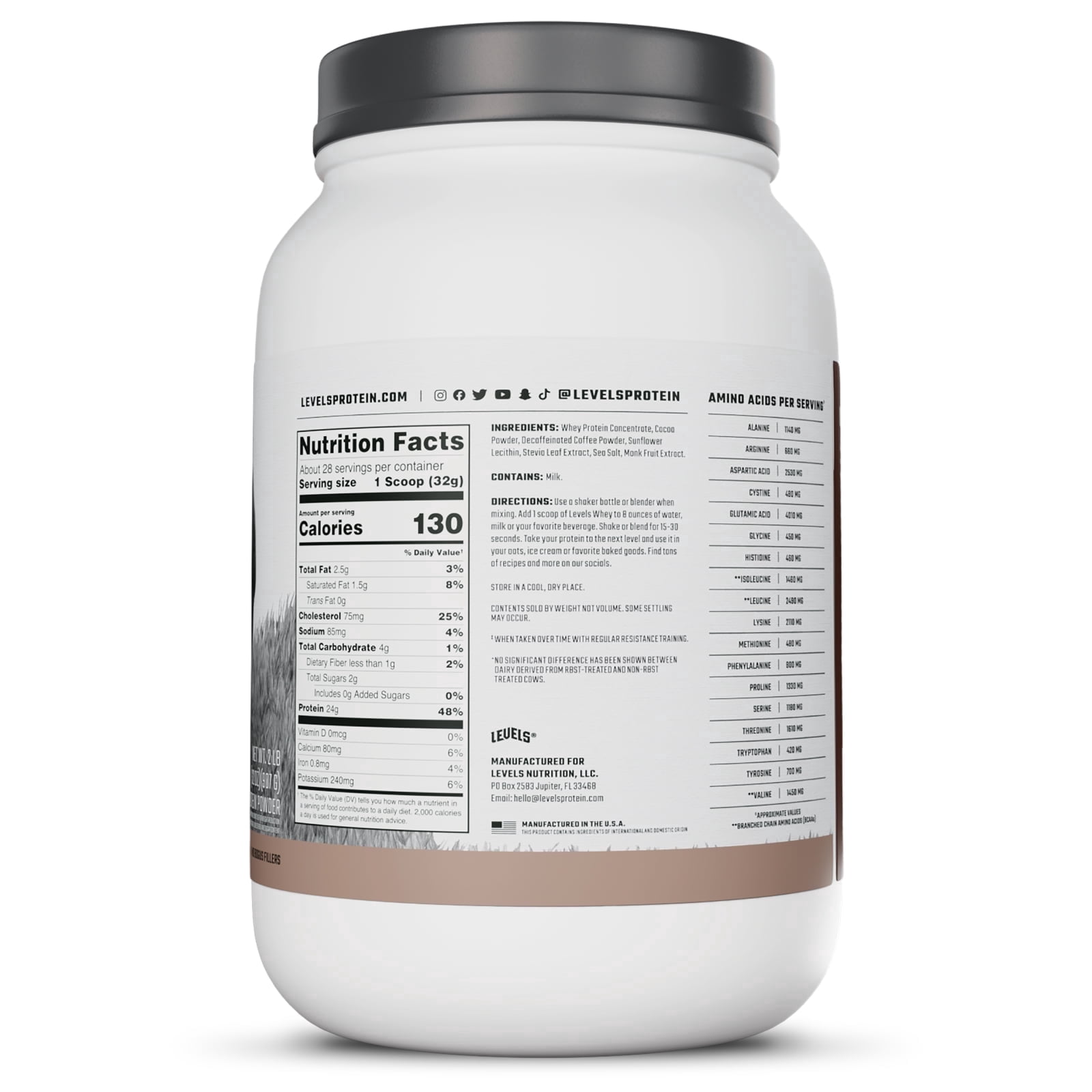 Levels Grass Fed Whey Protein Powder, No Artificials, 24G of Protein, Chocolate Mocha, 2LB