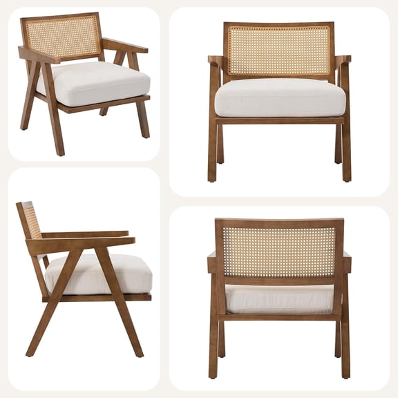 LIZHOUMIL Mid-Century Modern Accent Chair Set of 2, Rattan Back Armchairs with Wood Legs & Linen Upholstery