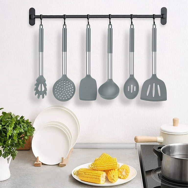 Bundlepro 8 Pcs Silicone Cooking Utensil Set, Kitchen Cookware with  Stainless Steel Handle, Gray 