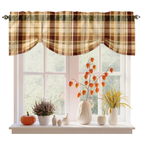 Warm Brown Checked Tie Up Valance Curtains for Windows, Kitchen Curtains Window Treatments, Fall Farmhouse Buffalo Plaid Short Window Shades Valances for Bedroom Bathroom Cafe 54"x18"