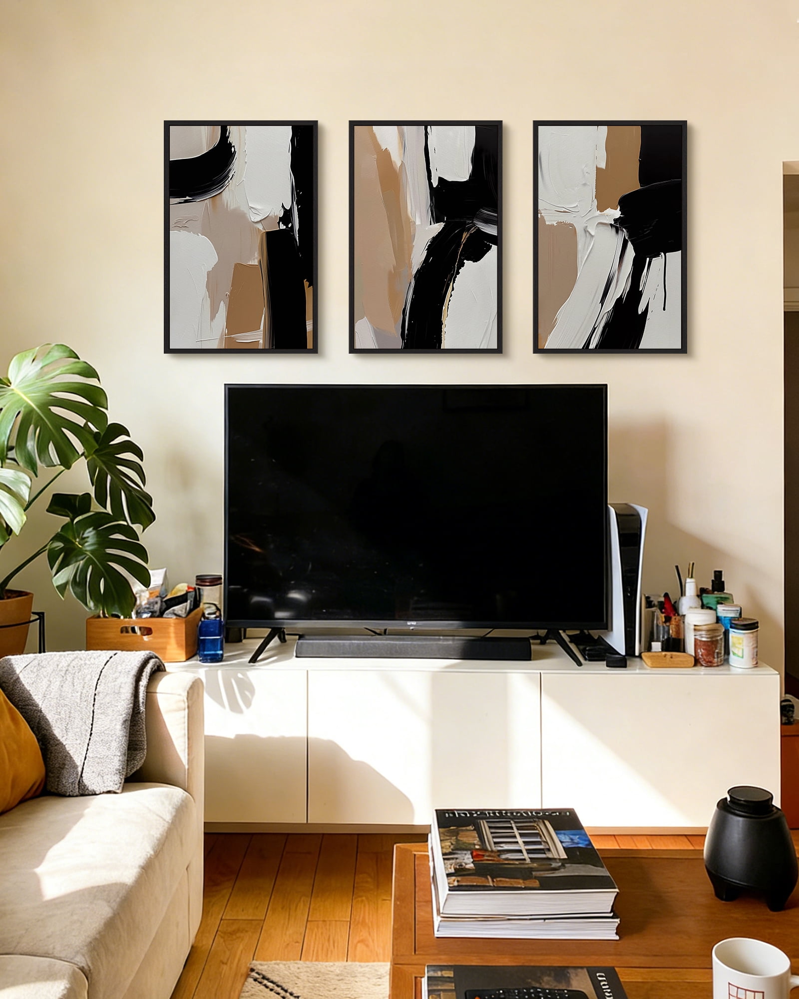 SHENIFY Large 24x36in3pcs Natural Framed Black Abstract Shapes Canvas Wall Art Minimalist Graffiti Pastel Wall Decor Modern Illustration Art Painting Home Decor