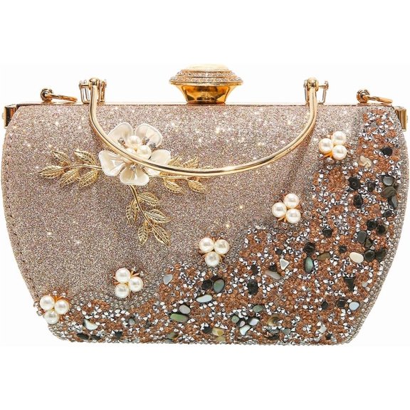 Women's Luxury Crystal Rhinestone Diamond Pearl Metallic Flower Evening Wedding Handbag