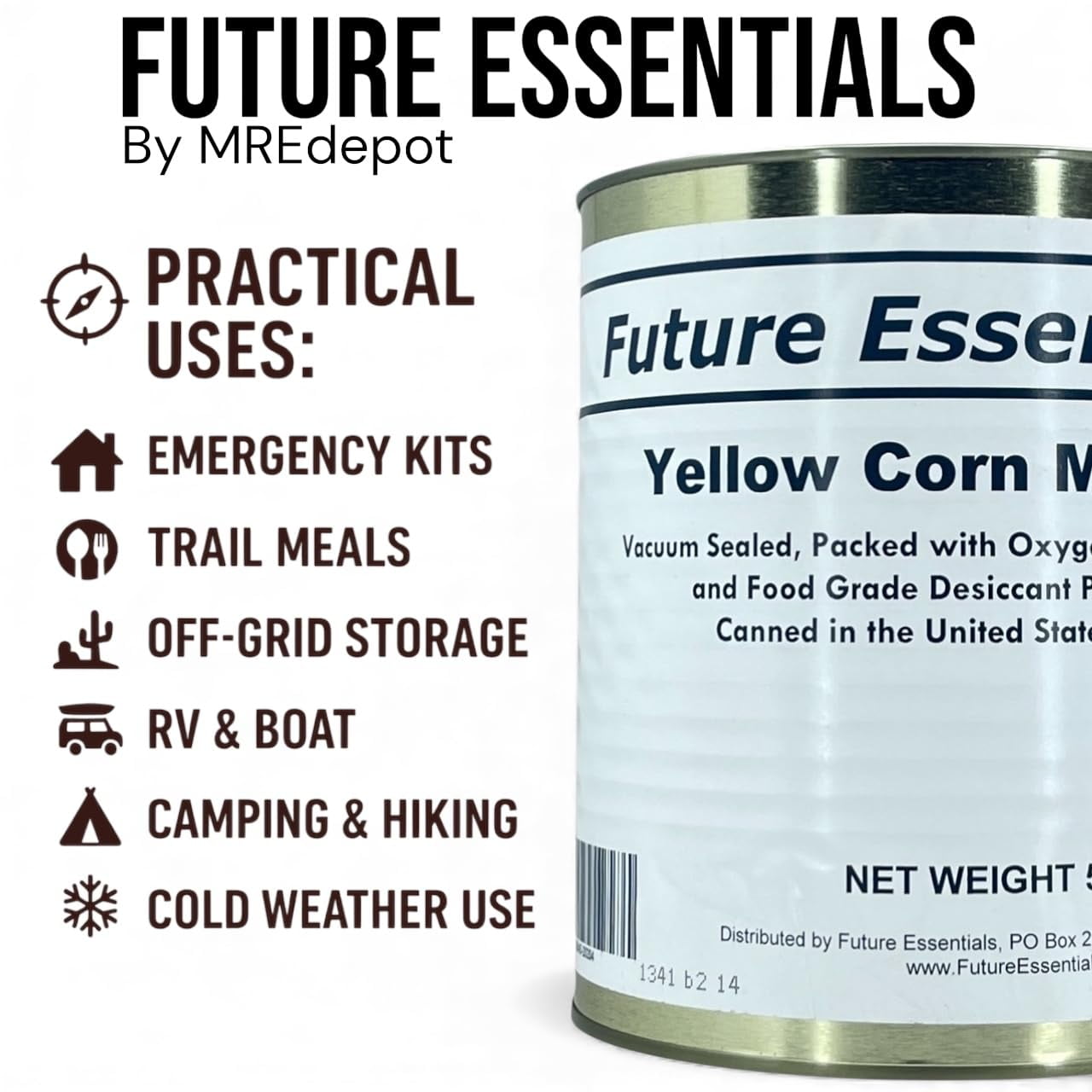 (6-Pack) Future Essentials Yellow Corn Meal, 5 lb #10 Can – Fine Ground Cornmeal, 30-Year Shelf Life, Emergency Food Storage, Non-GMO, Made in USA