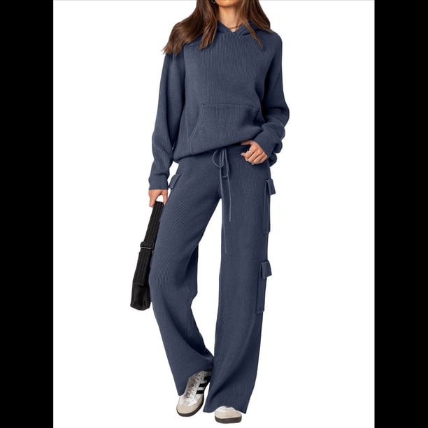Conjunto de Dos Piezas de Pijama y Pantalón de Felpa de Larga para Mujer. Incluye: Suéter, Pantalón y Traje Informal. Azul Oscuro L