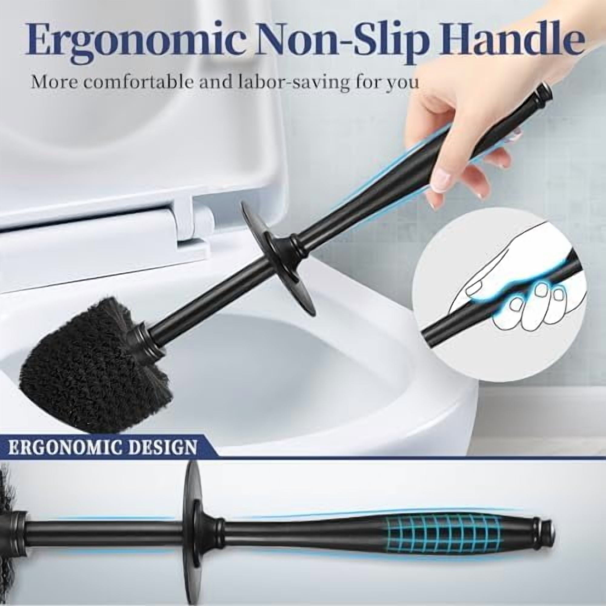 Toilet Bowl Brush Holder Set: 2 Pack Modern Deep Cleaning Bathroom Toilet Scrubber with Caddy for Rv - Rim Decorative Accessories Cleaner Brushes for Toilet - Black