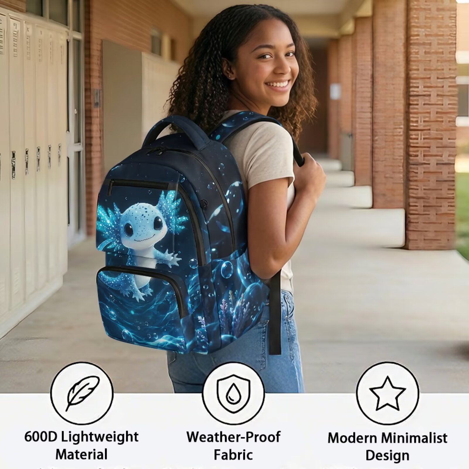 Mochila infantil de ajolote azul para niñas, con estampado de acuarela, ligera, con múltiples bolsillos, regalo de regreso a clases 3