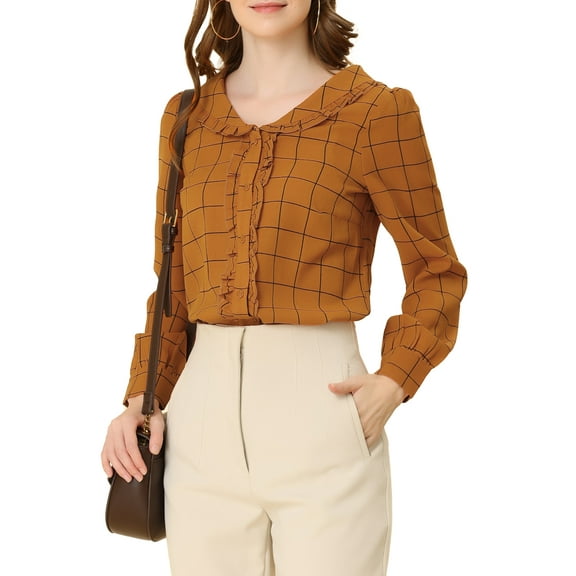 Allegra K Women's Cute Collar Plaid Blouse Long Sleeve Button-Down Shirts