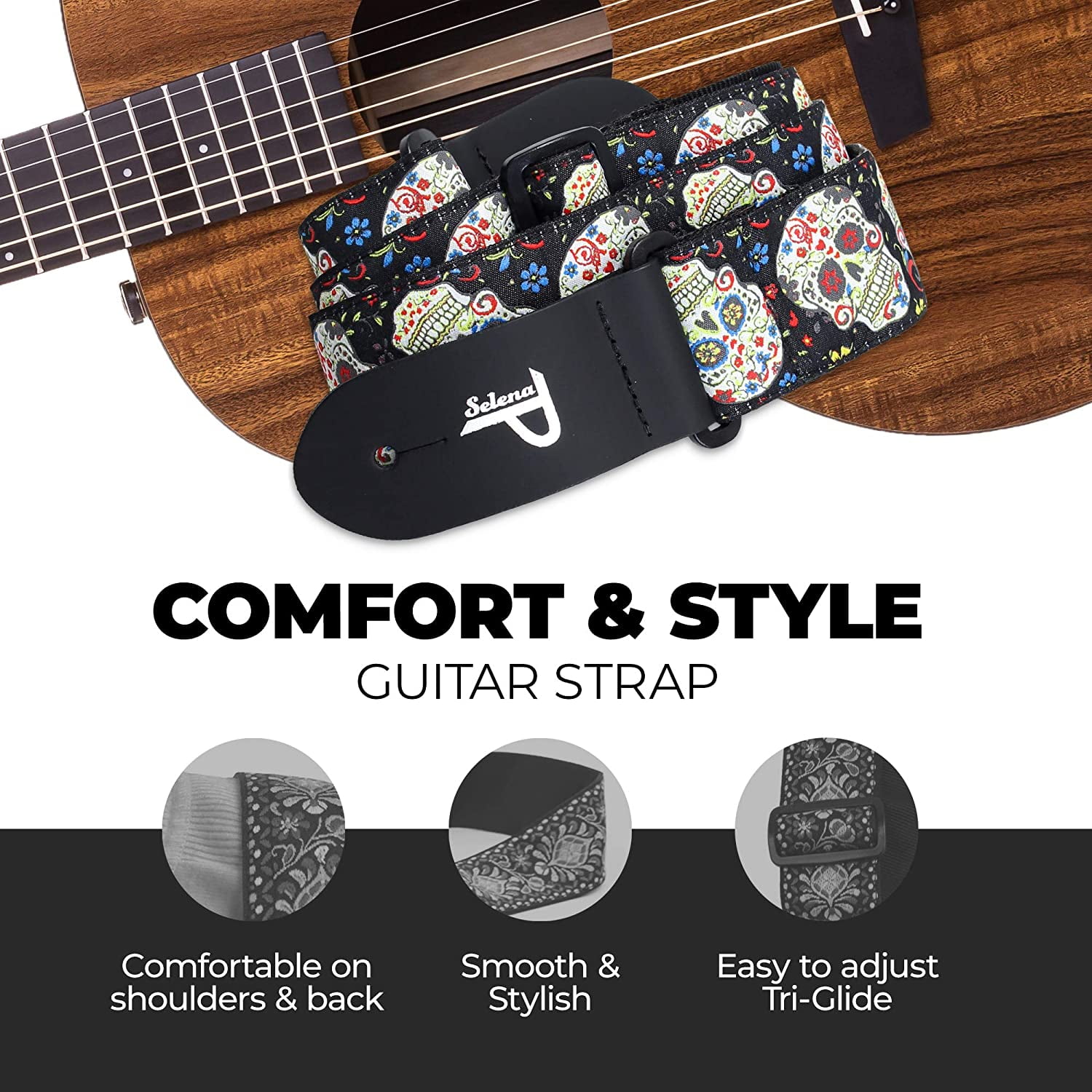Perri's The Hope Collection by Selena 2" Jacquard Guitar Strap Happy Sugar Skulls w Black Background 2 in.