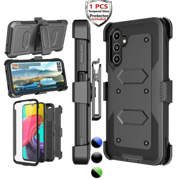Njjex Phone Cases for Samsung Galaxy A14 5G 6.8", [Buit-in Temerped Glass Screen Protector] Combo Holster Belt Clip [Heavy Duty] [Kickstand] Full-Body Rugged Holster Case（Black)