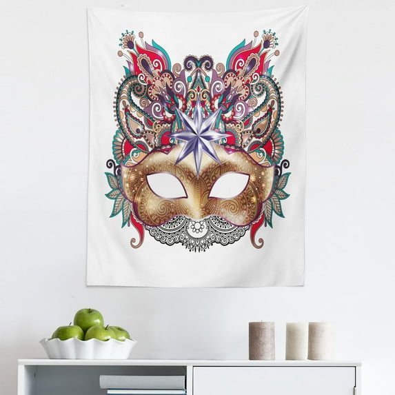 Mardi Gras Tapestry, Venetian Carnival Silhouette with Ornamental Elements Masquerade Costume, Fabric Wall Hanging Decor for Bedroom Living Room Dorm, 5 Sizes, Multicolor, by Ambesonne
