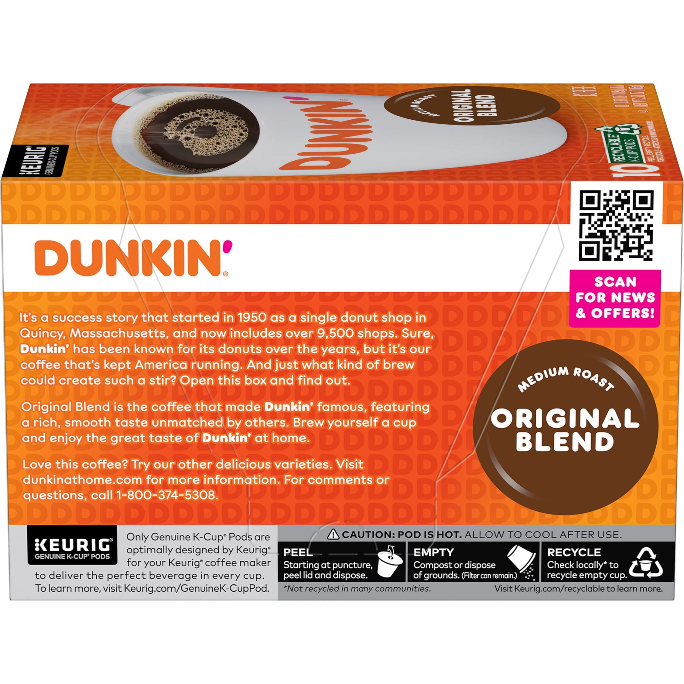(6 pack) Dunkin’ Original Blend Medium Roast Coffee, Keurig K Cup Pods, 10 Count Box