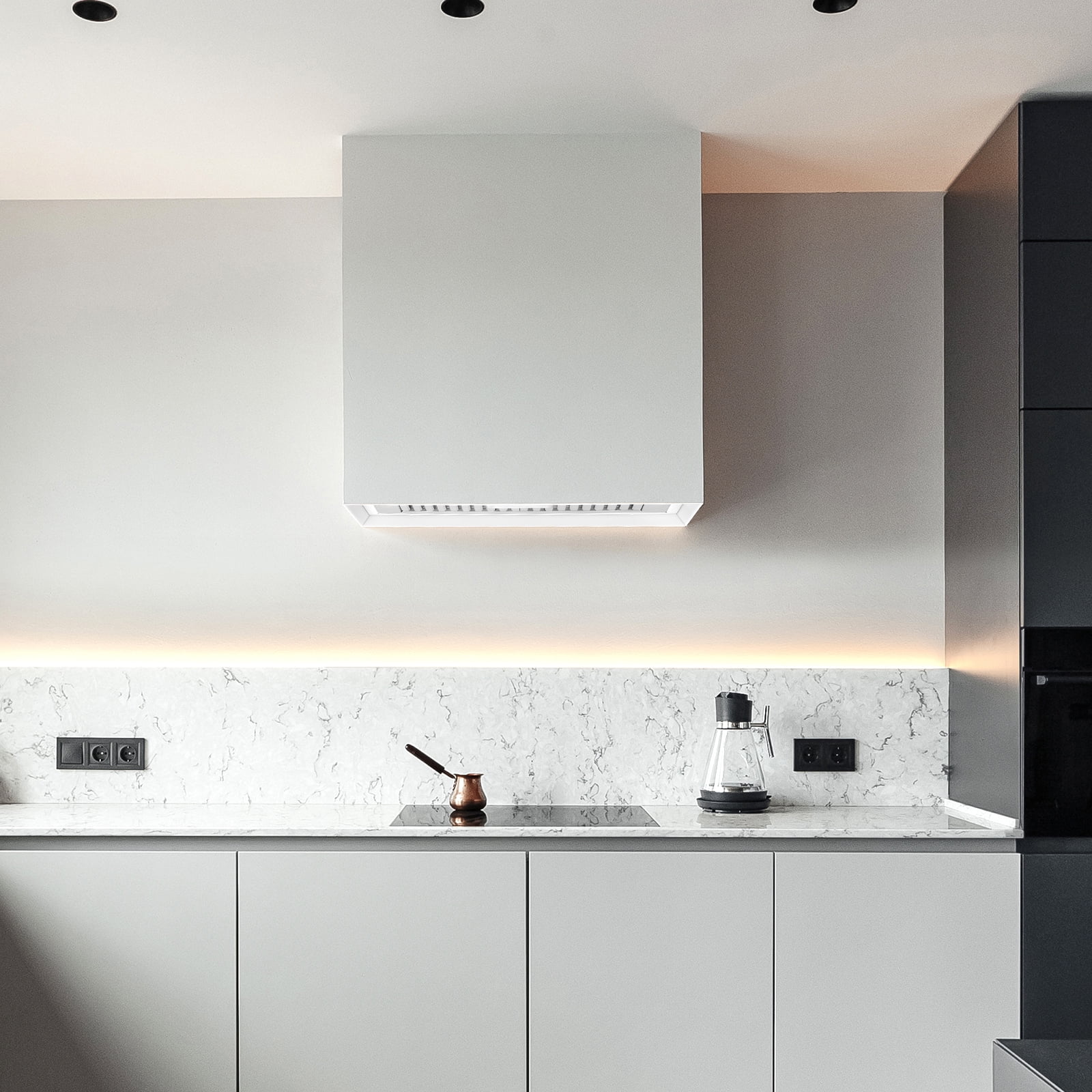 Akicon Stainless Steel Range Hood, Modern Box Ducted Kitchen Hood with Powerful Vent Motor, Wall Mount, 30"W*30"H*14"D, Signal White