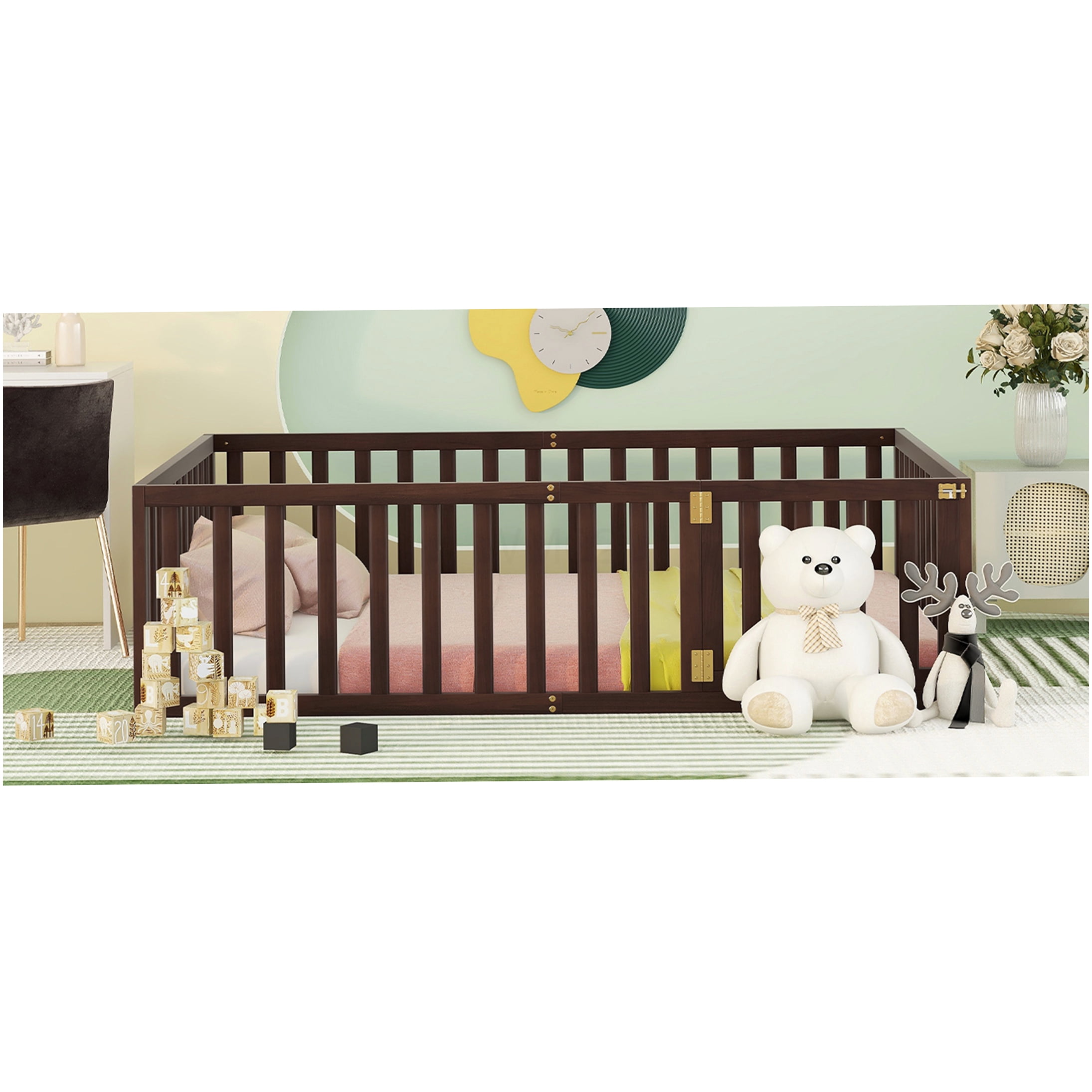 Full Size Floor Bed Frame with Safety Gate, Low Profile Platform Bed with Fence, Solid Pine Wood, Walnut Finish