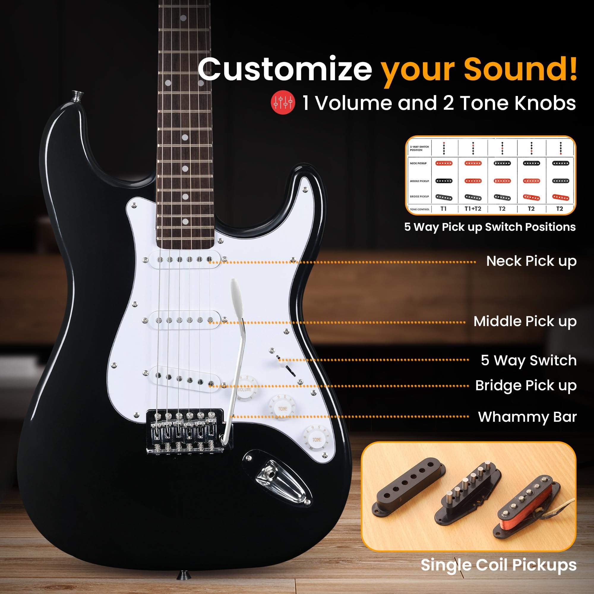 Pyle Full Size Electric Guitar Kit with 5W Amplifier, Gig Bag, Picks, Spare Strings, and Strap, ST-Style Beginner Guitar Bundle with 22 Frets, Paulownia Wood Body, Black