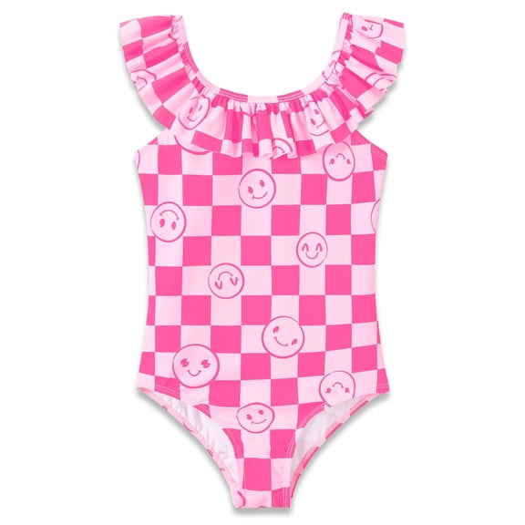 Serdomi Toddler Little Girls Swimsuit One-Piece Lovely Pink Checker Face Bathing Suits for Girls Size 8