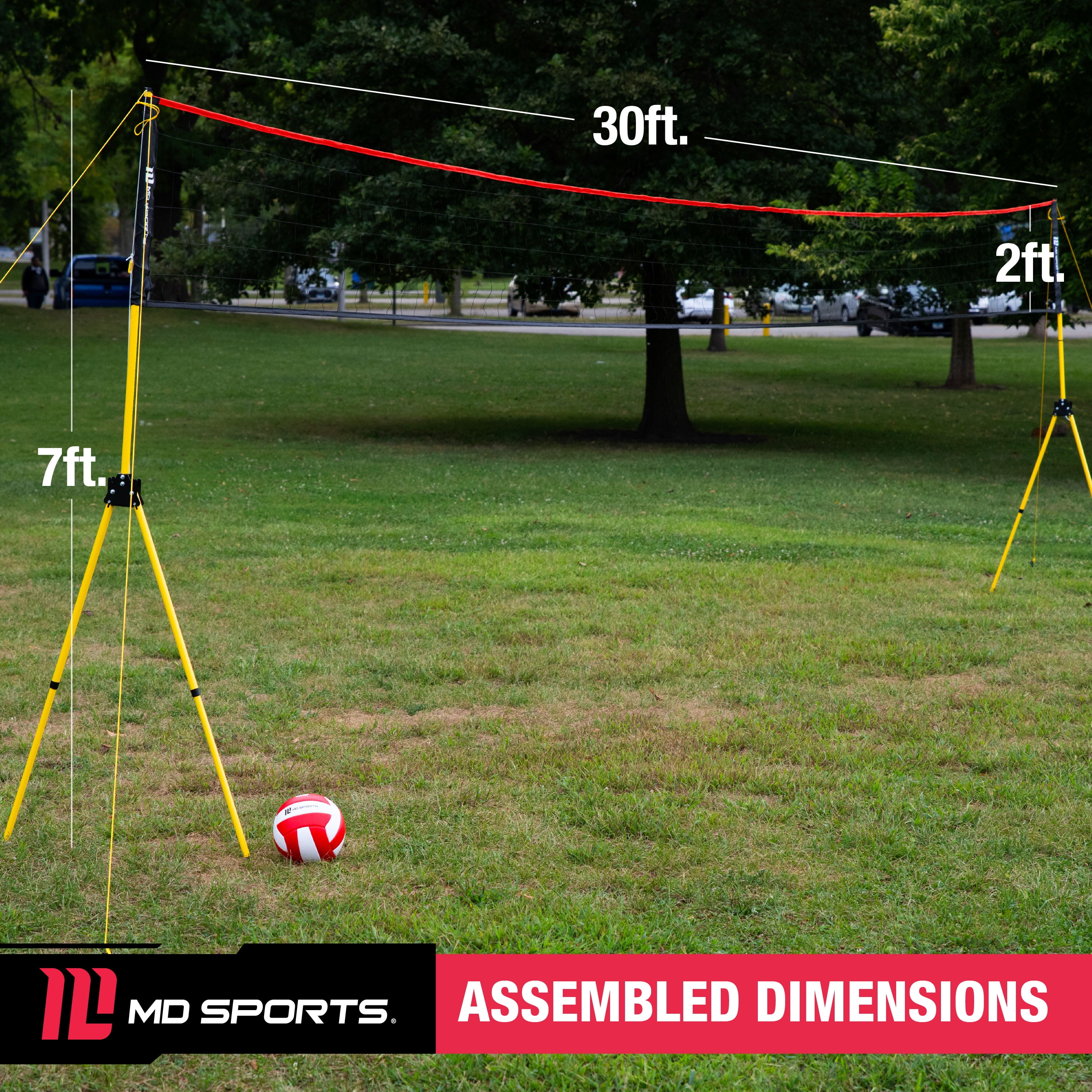 30 ft Volleyball Set, Quick Assembly, Official Size Net with Adjustable Height, Steel Poles, Ball Included, by MD Sports