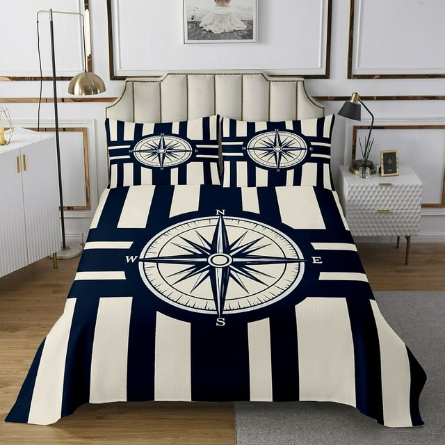 Erosebridal Nautical Compass Coverlet Set Queen, Geometric Stripes Bedding Set, Ocean Theme Decor, 3 Pieces