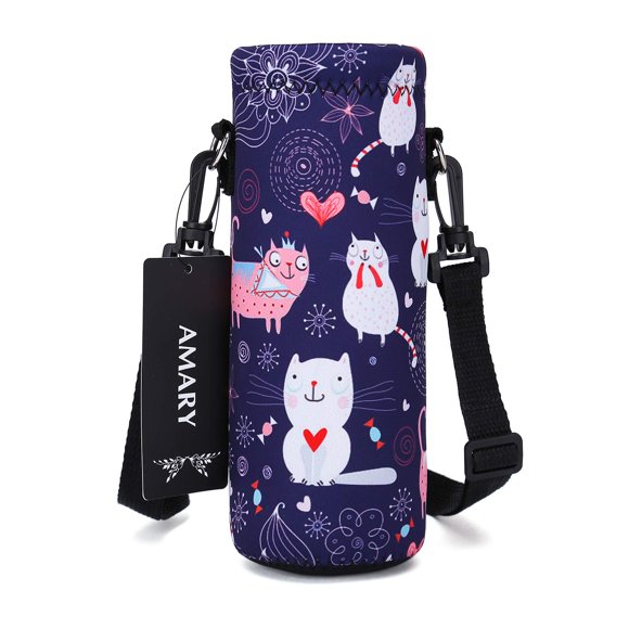 AMARY 1000ML Neoprene Water Bottle Carrier Bag with Adjustable Shoulder Strap,Insulated Water Bottle Cover for Stainless Steel/Glass/Plastic Bottles 34OZ (Cat)