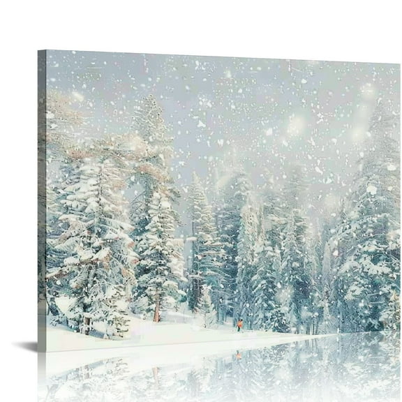 Nawypu  Christmas Winter Holiday Wall Art Canvas Print Painting 'Magical Snow Forest Scenery' Home Décor, White, Gray, Silver, Nature Landscape