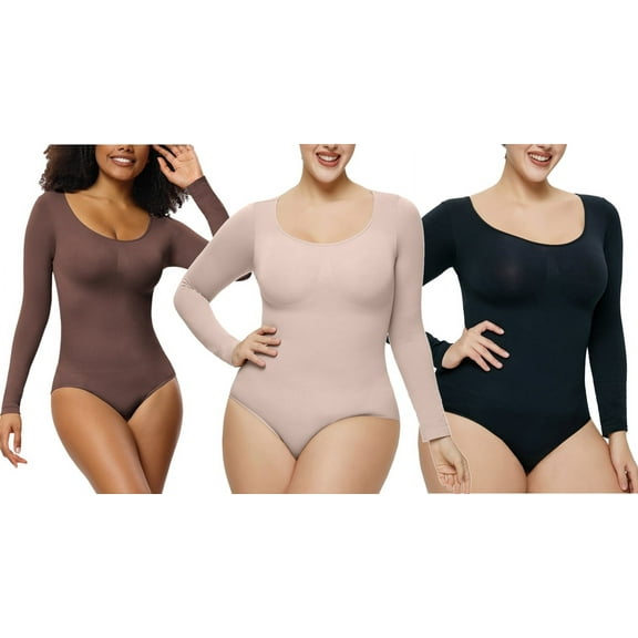 Eternatastic 3 pcs Long Sleeve Body Suits for Womens Tummy Control Shapewear Round Neck Body Suit
