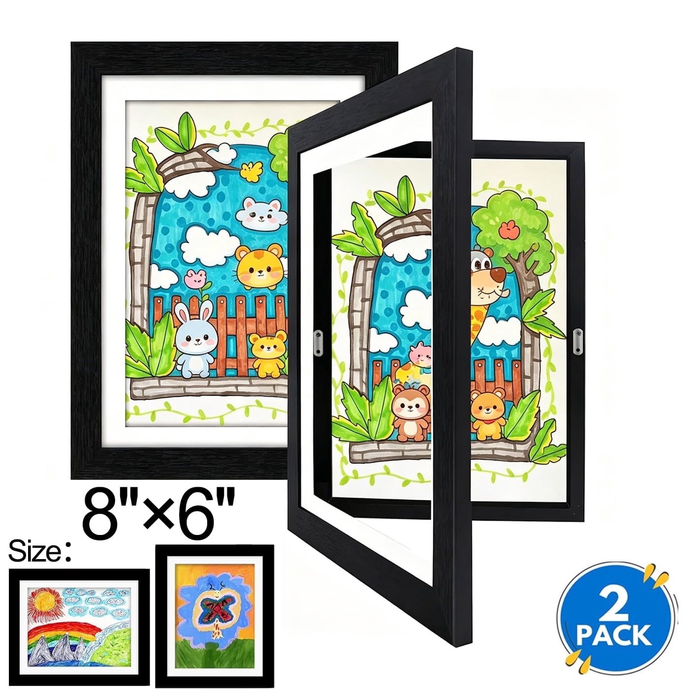 USIONE 2 Pack Kids Art Frames 8x6" | Black Front-Opening Changeable Storage Frame for Wall, Holds 50+ Crafts & Drawings