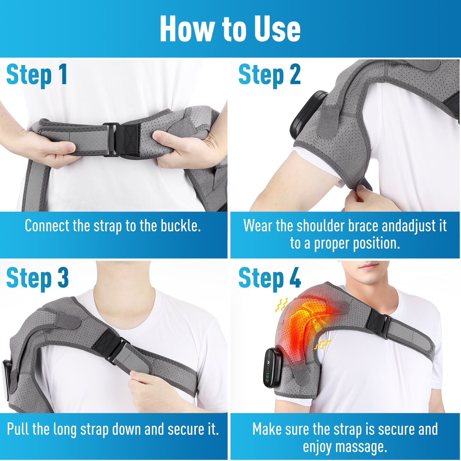 Shoulder Heating Pad Massager, Cordless Heated Shoulder Brace Wrap Shoulder Massager, Heating Vibration Shoulder Wrap with 3 Vibration and 3 Heat Settings, Muscle Rotator Cuff Relax Heating Pad, Grey