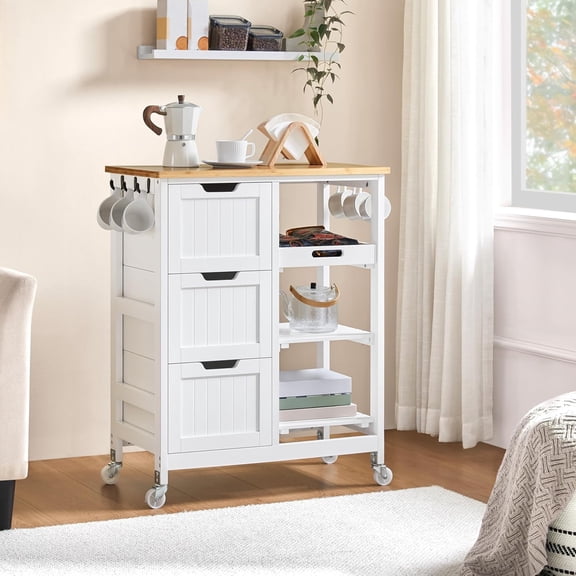 Rolling Kitchen Cart with Drawers and Open Shelves, Kitchen Island Serving Cart with Bamboo Top for Dinning Room, Laundry, White