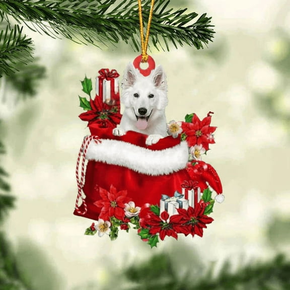 Acrylic 2D FLAT - White German Shepherd In Gift Bag Christmas Ornament 42 - Holiday Tree Decoration