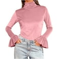 thumbnail image 5 of Women's Bell Sleeve High Neck Shirts, Ribbed Ruched Long Sleeve Tops, Casual Fall Going out Blouses, 5 of 7