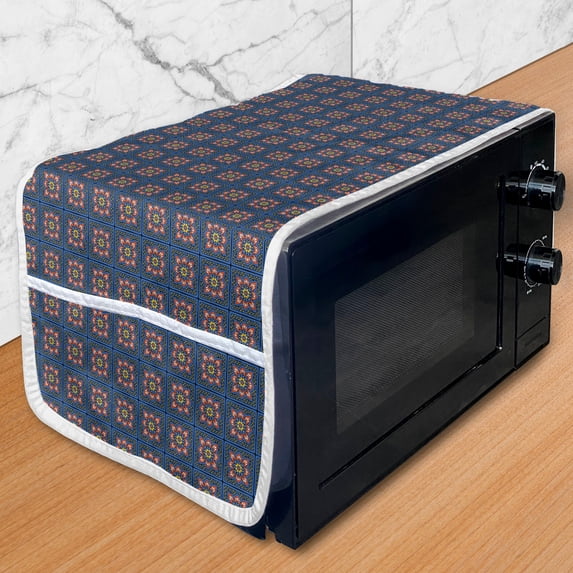 Moroccan Microwave Oven Cover, Repeating Dark Tones Traditional Oriental Flowers in Squares, Water Resistant Organizer with Pockets for Kitchen, 36" x 12", Dark Sky Blue Multicolor, by Ambesonne
