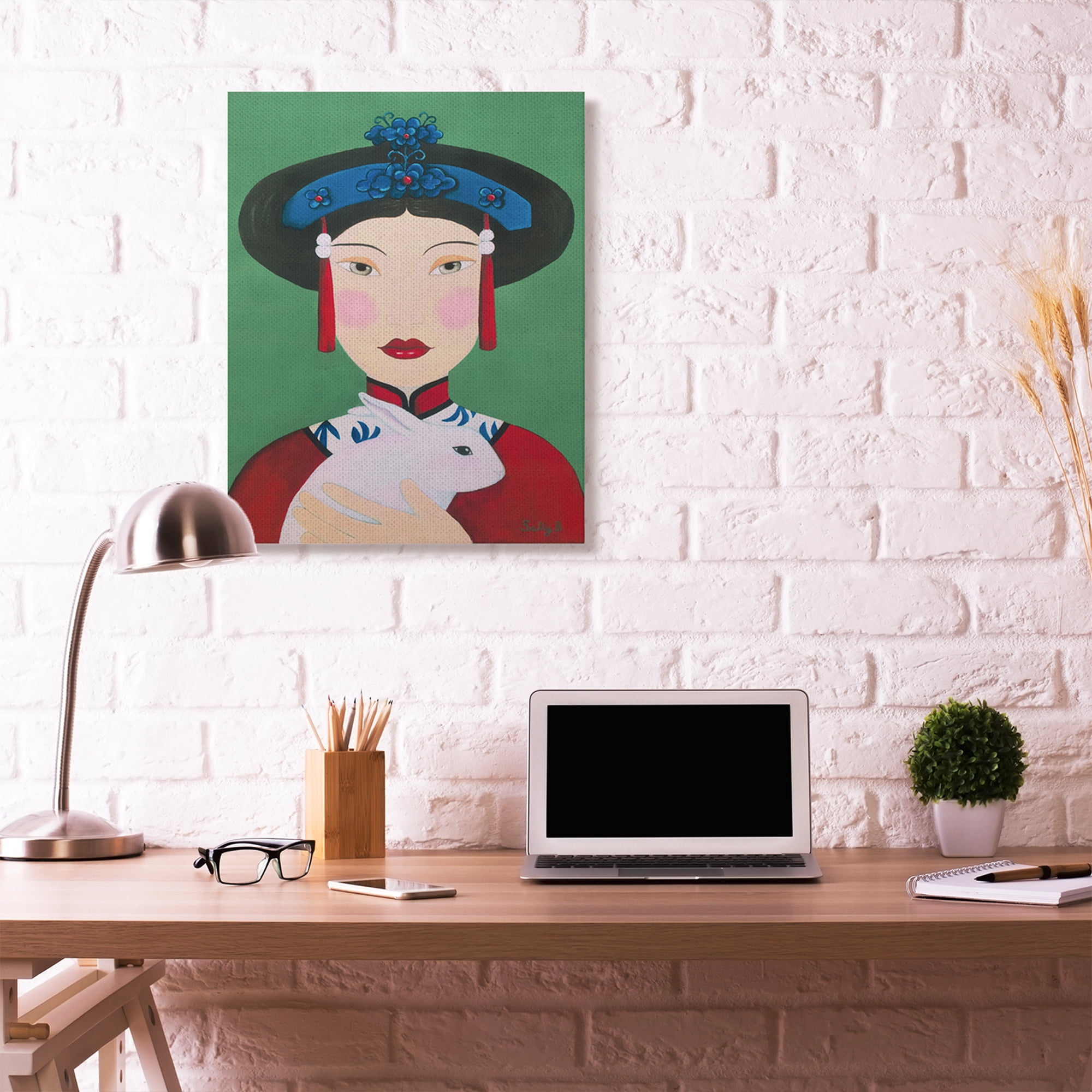 Stupell Home Décor Chinese Woman and Rabbit Green Red Painting Canvas Wall Art by Sally B