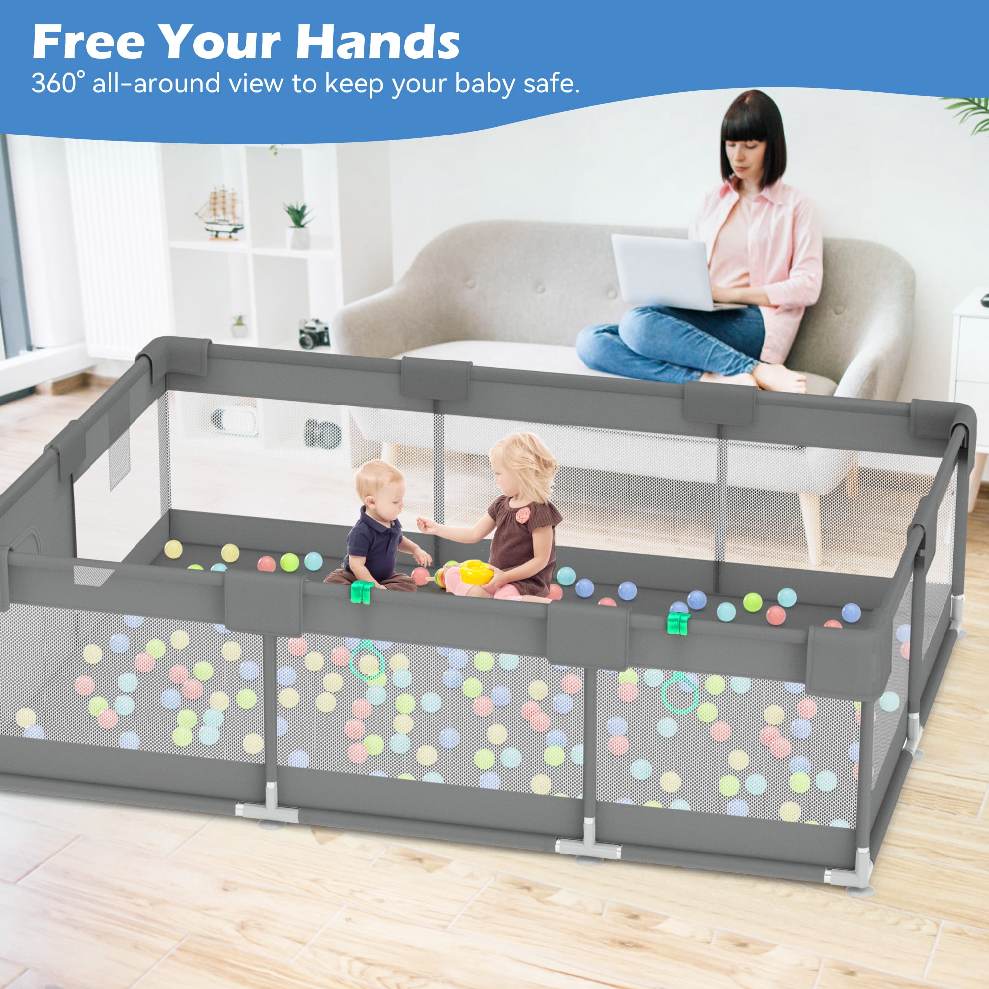 babyeap Baby Playpen,71*50 Inch Extra Large Baby Playards for Babies and Toddlers,Fence Baby Play Yards for Indoor & Outdoor with Breathable Mesh,Dark Gray