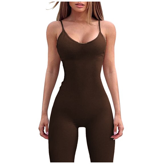 Ketyyh-chn99 Jumpsuits for Women Casual Plus Size Bodysuit Tops Bodycon Full Length Long Pants Casual Flare Jumpsuits for Women Coffee,S