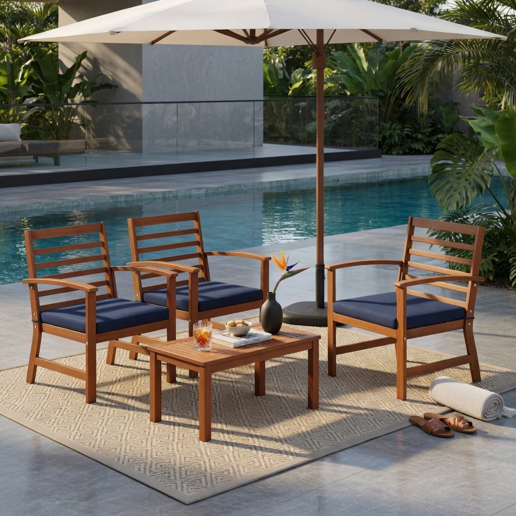 Hommoo 4-Piece Outdoor Patio Furniture Set, Acacia Wood Loveseat, 2 Chairs & Coffee Table with Cushions, Weather-Resistant Backyard Seating, Navy