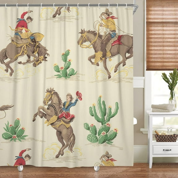 Western Cowboy Shower Curtain, Western Cowboy Riding Horse in Wild Tropical Cactus Desert Shower Curtain for Bathroom, Fabric Polyester Farmhouse Shower Curtain 12PCS Hooks 70X70IN