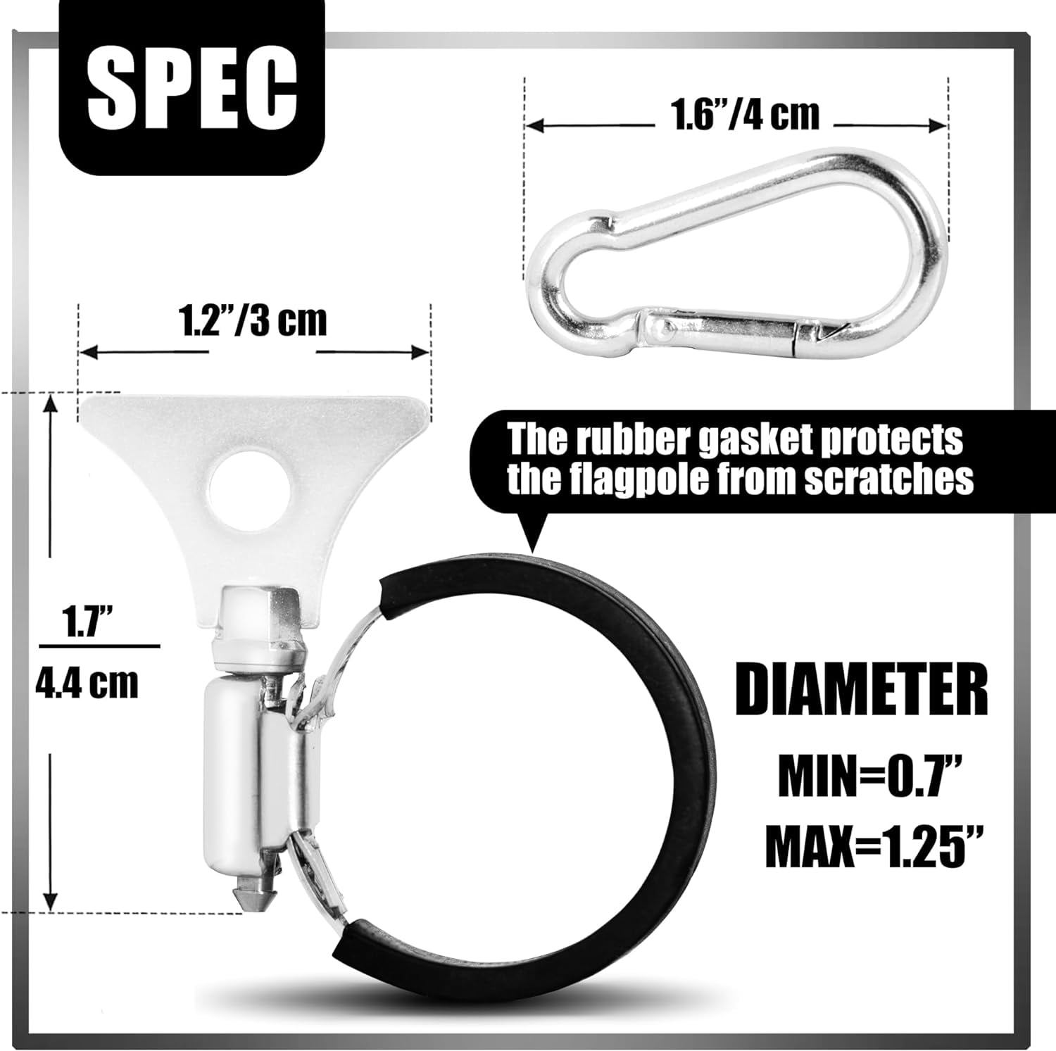 Anley (4 Pack) Flagpole Clamp and Clip Kit to Hold Flag with Carabiner and Silicone Anti-Slip Strip - Attachment Accessory Stainless Steel Metal Hose Clamp Rings for 0.7-1.25 IN Diameter Flag Pole
