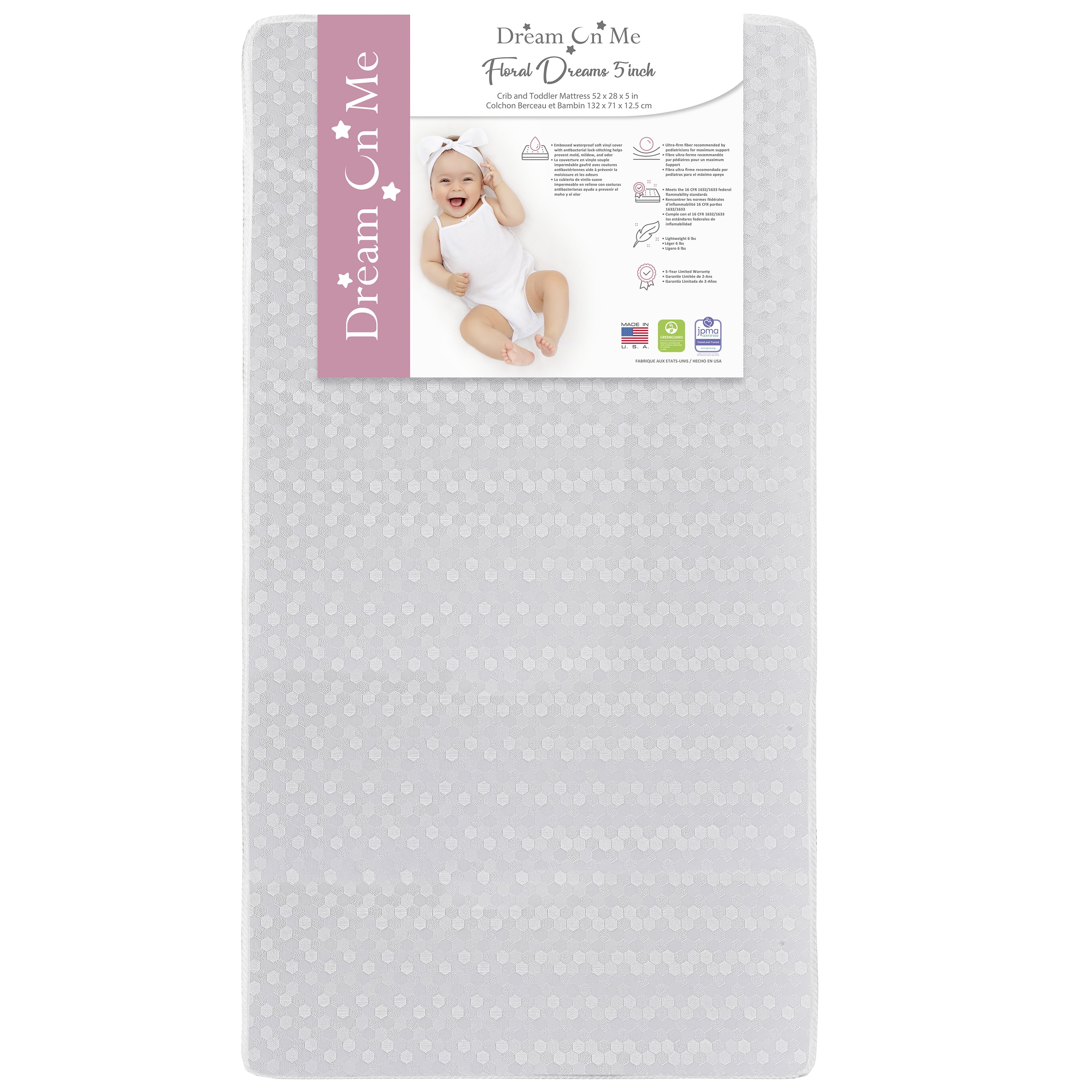 Bundle of Dream On Me Clover 4 in 1 Modern Island Crib with Rounded Spindles, Dream On Me Clover Changing Table, with a Dream On Me Honeycomb Firm Fiber Standard Crib Mattress, White