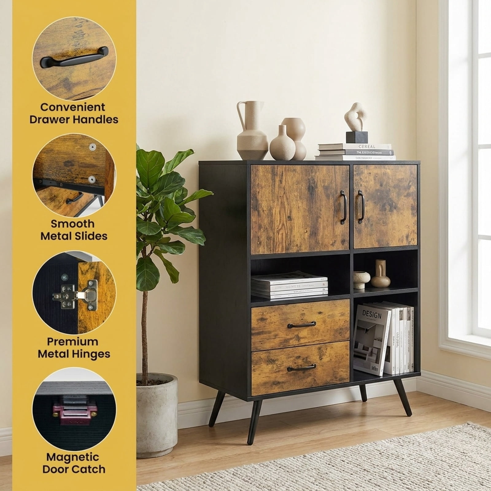 Furnibear Industrial Buffet Sideboard Kitchen Cupboard with Cubbies Drawers for Kitchen Dining Living Room Buffet Storage Server, Rustic Brown