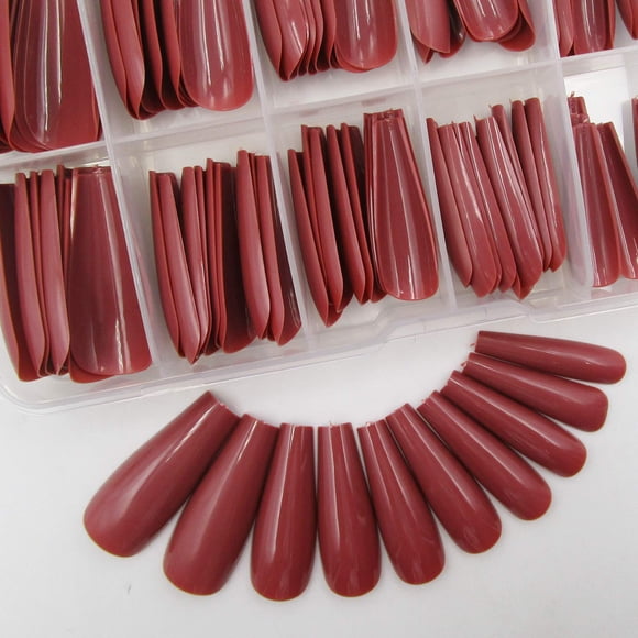 Uñas postizas de bailarina larga con diseño de ataúd de colores, uñas postizas de cubierta completa, diseño de manicura, uñas acrílicas, 100 piezas para mujeres, adolescentes y niñas (café)
