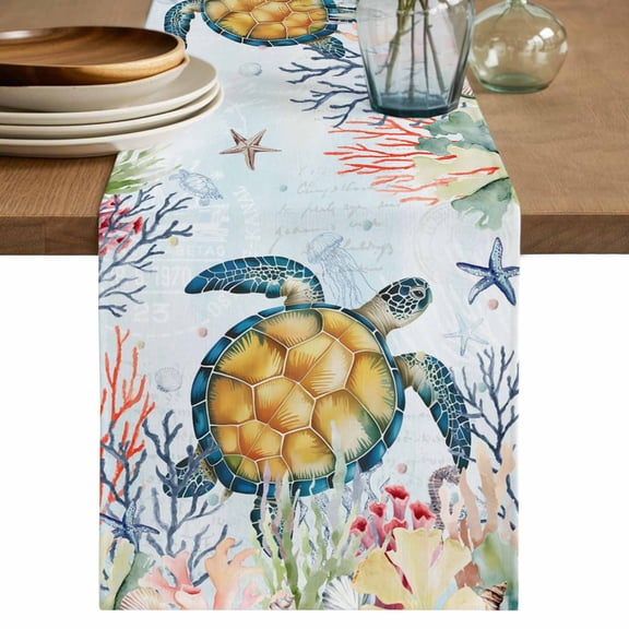 Coastal Sea Turtle Table Runner 72 Inches, Marine Coral Jellyfish Starfish Oceans Bed Runner Dresser Scarves Tabletop for Indoor Outdoor Parties/Ceremony/Banquet, 18" x 72"