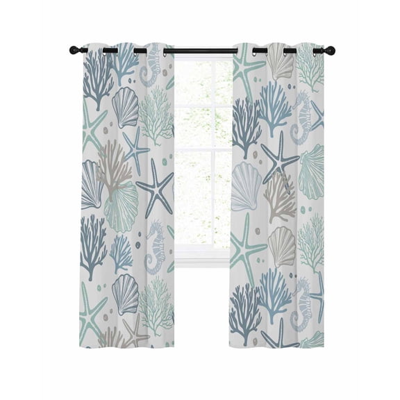 Aqua Teal Coastal Blackout Curtains, Light Blocking Print Window Curtains, Summer Beach Starfish Coral Nautical Thermal Insulated Window Drapes for Living Room Kitchen Cafe 2 Panels, 104"W x 63"L
